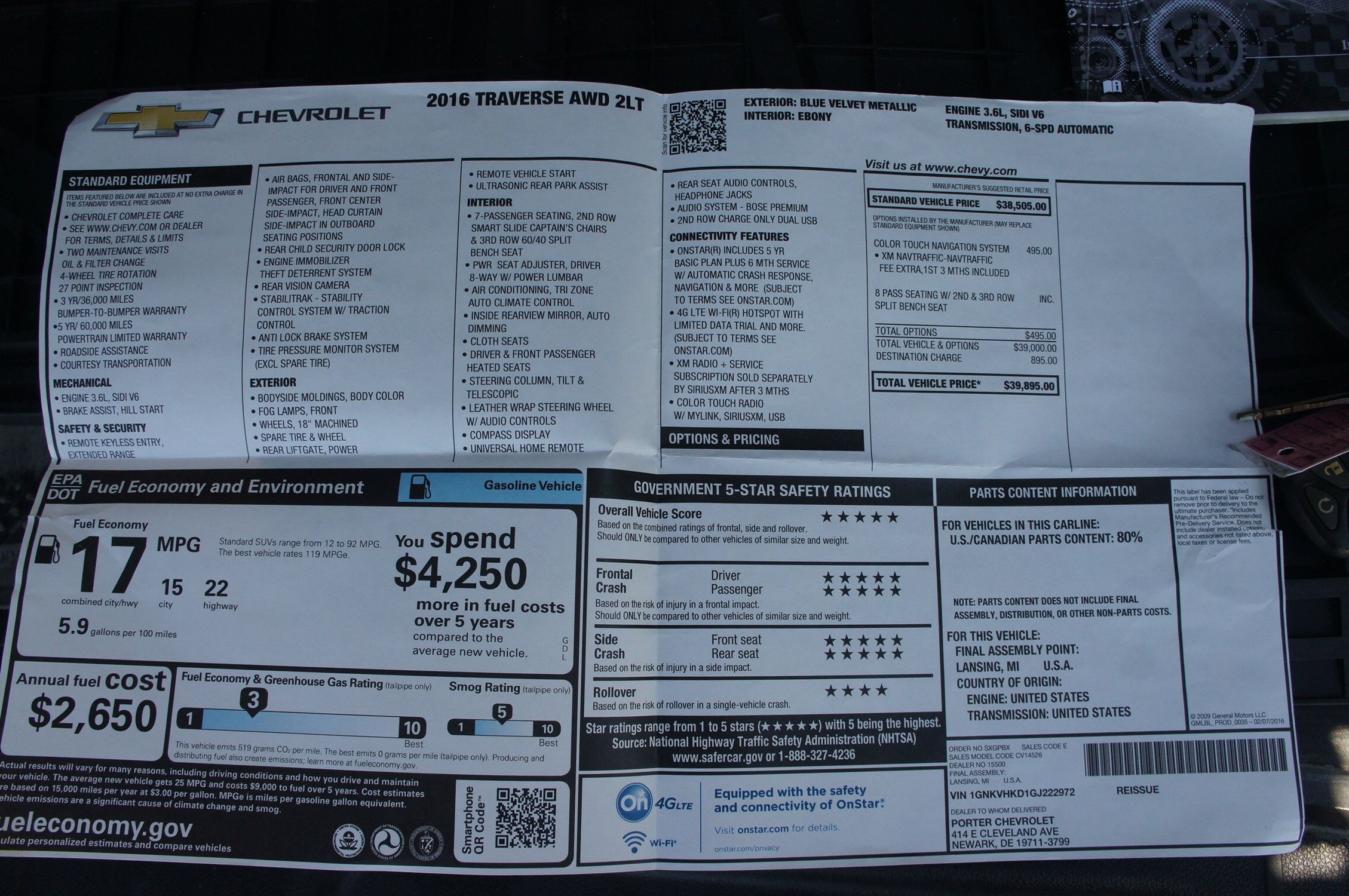 2016 Chevrolet Traverse LT Zoom Auto Group Used Cars New Jersey