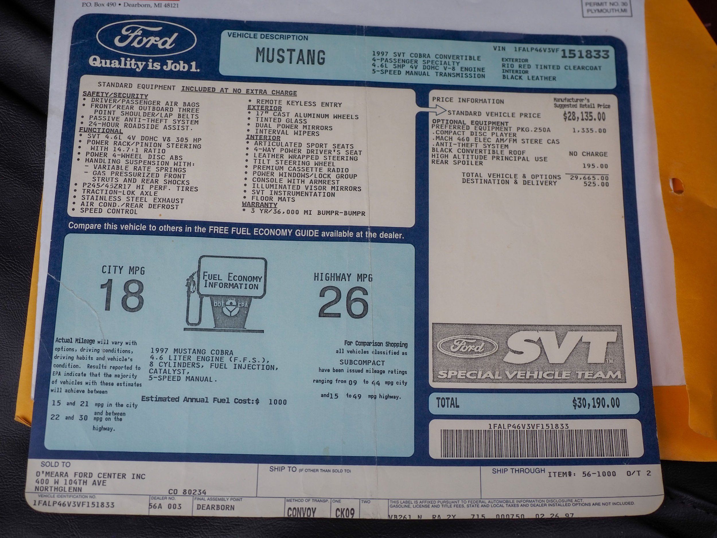1997 Ford Mustang Red Cobra
